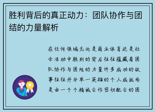 胜利背后的真正动力：团队协作与团结的力量解析