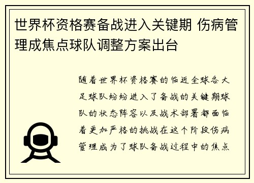 世界杯资格赛备战进入关键期 伤病管理成焦点球队调整方案出台